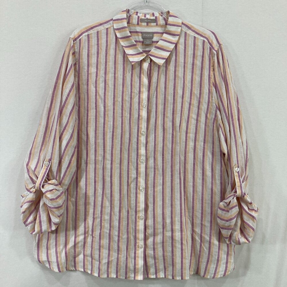 Chico's size 20/22 Multi Color Striped No-Iron Linen Button Down Office Preppy